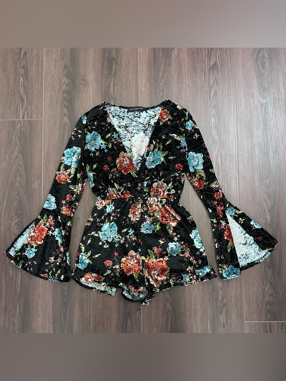 The Vintage Shop Black Velvet Floral Romper with Multicolor Blooms